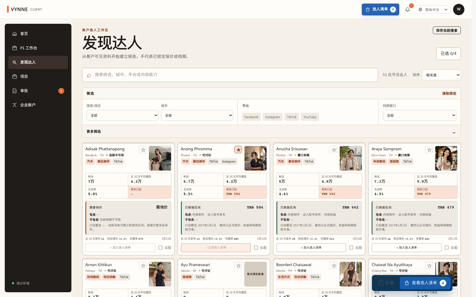 VYNNE 广告主 Web 端的达人资料、内容能力和合作筛选
